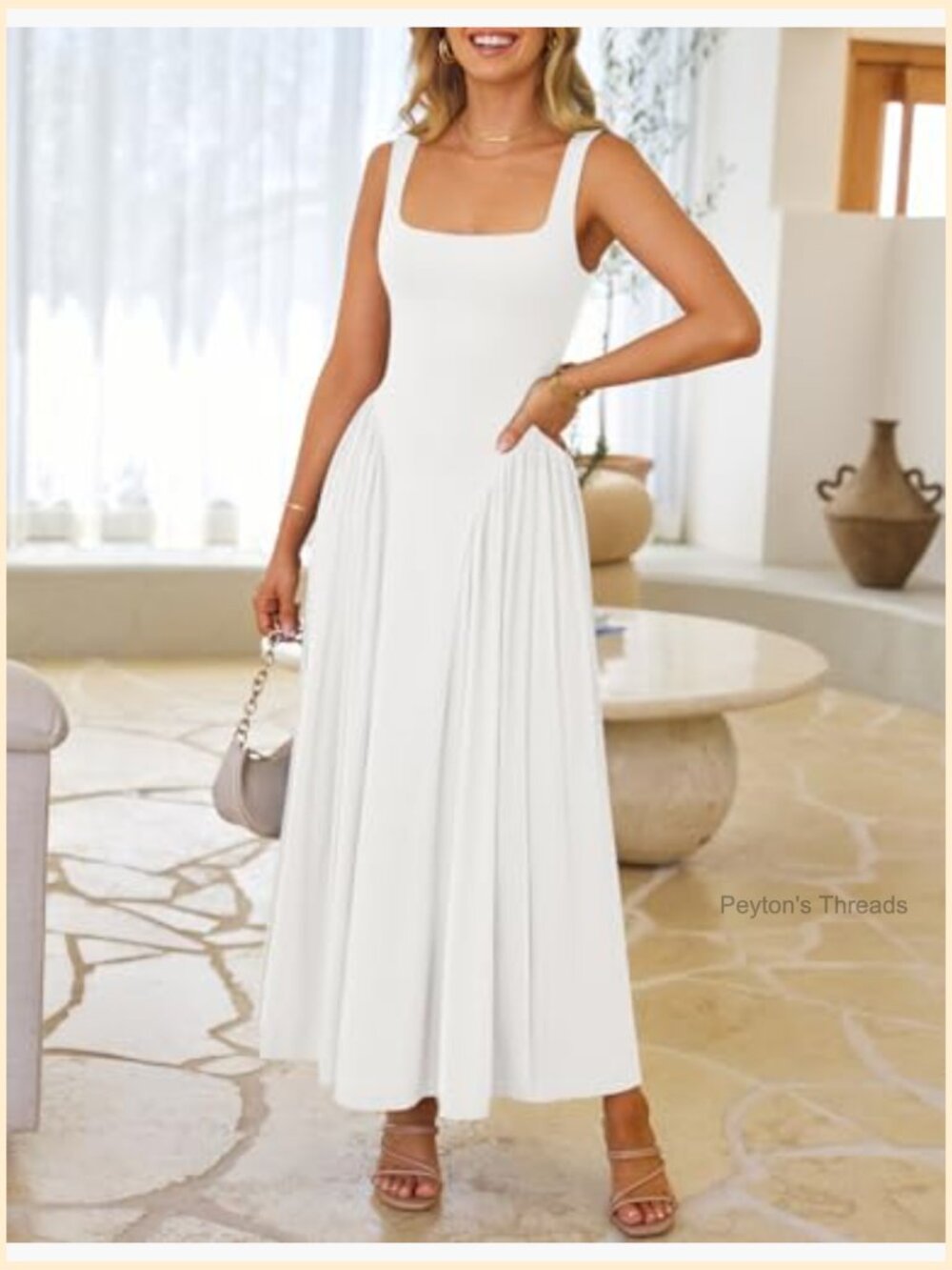 Square Neck Sleeveless Maxi Sundress A-Line Flowy Beach Vacation Dress - Picture 3 of 7